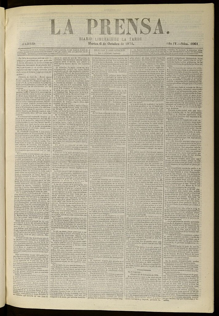 Miniatura de La Prensa : diario de la mañana : político, literario y de noticias del 6 de octubre de 1874, nº 1061
