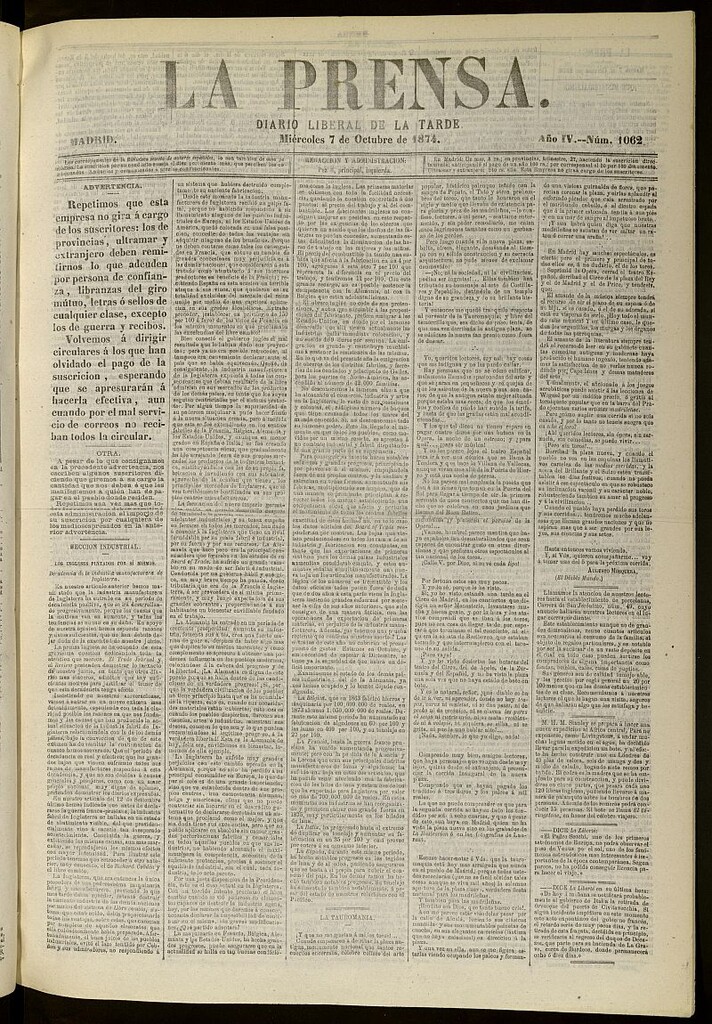 Miniatura de La Prensa : diario de la mañana : político, literario y de noticias del 7 de octubre de 1874, nº 1062