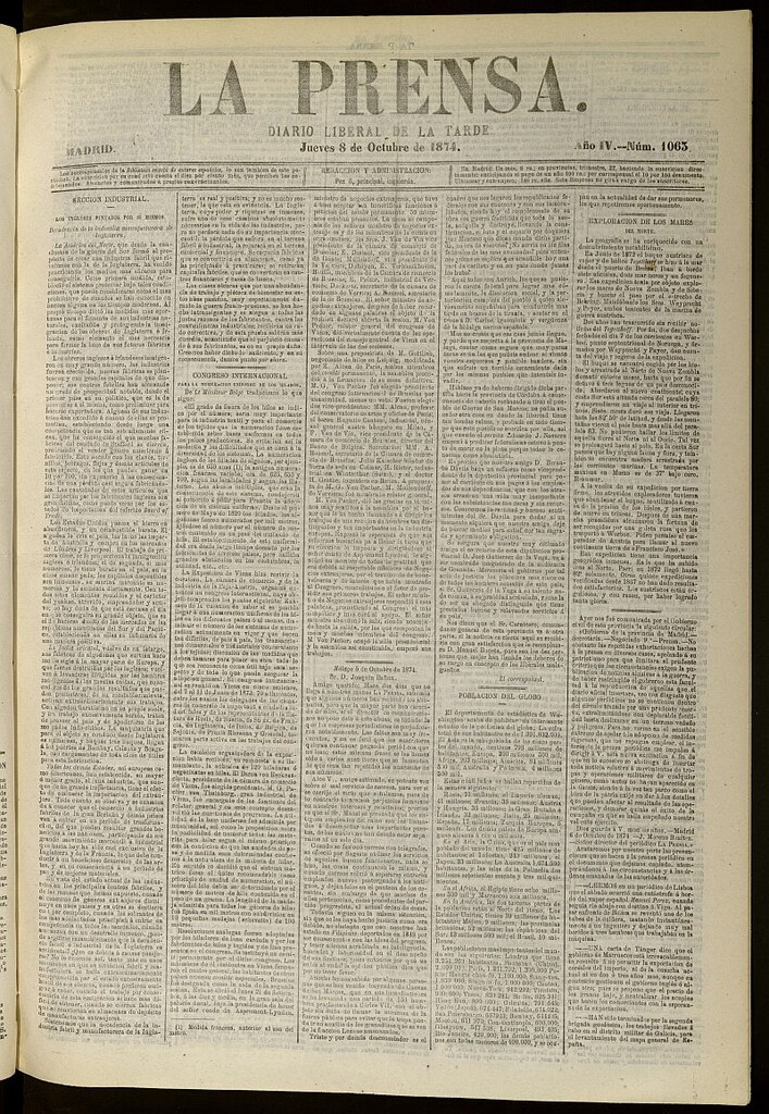 Miniatura de La Prensa : diario de la mañana : político, literario y de noticias del 8 de octubre de 1874, nº 1063