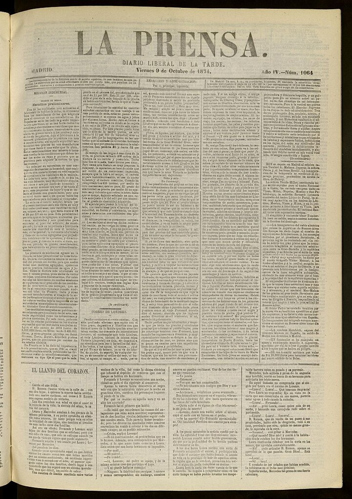 Miniatura de La Prensa : diario de la mañana : político, literario y de noticias del 9 de octubre de 1874, nº 1064
