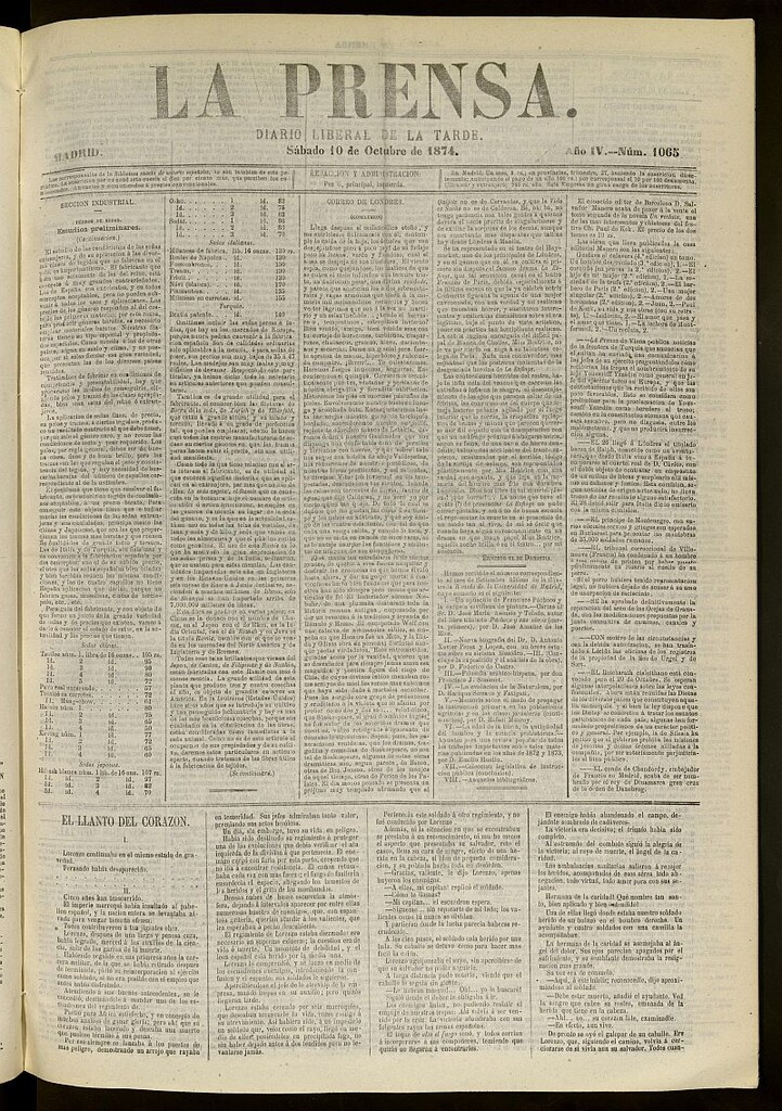 Miniatura de La Prensa : diario de la mañana : político, literario y de noticias del 10 de octubre de 1874, nº 1065