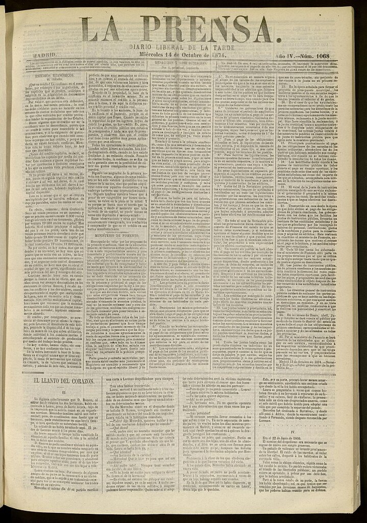 Miniatura de La Prensa : diario de la mañana : político, literario y de noticias del 14 de octubre de 1874, nº 1068