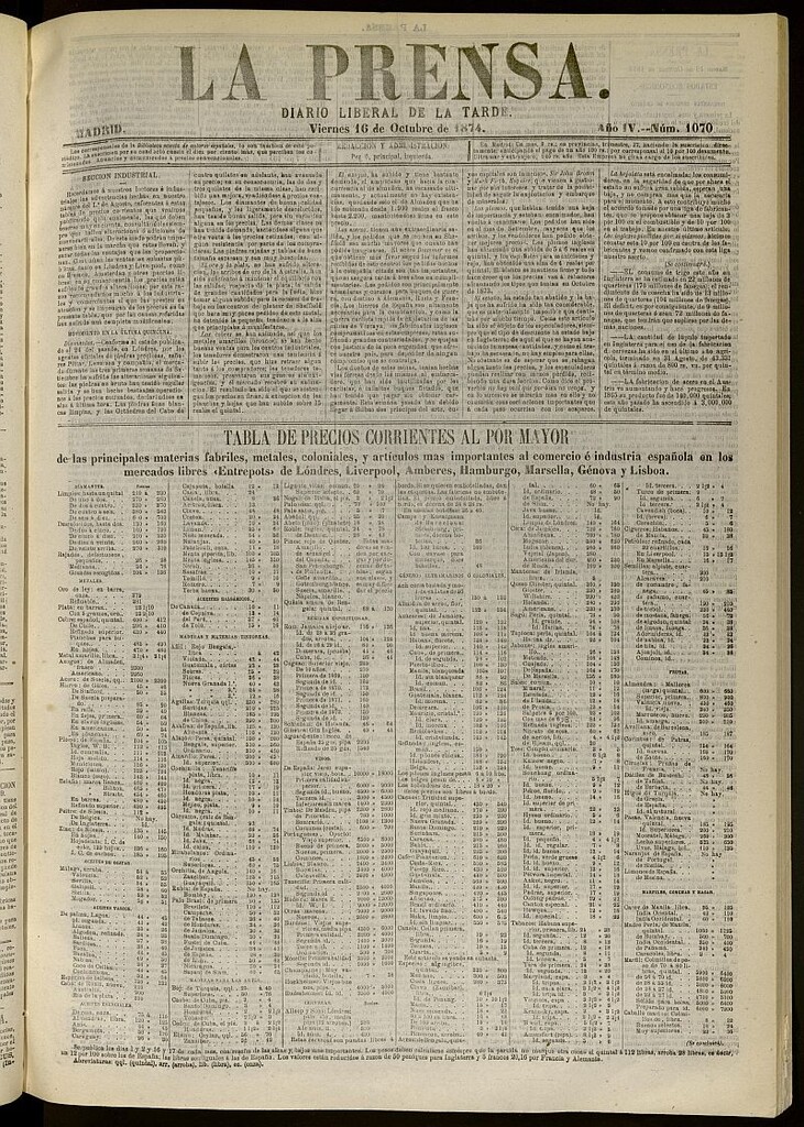 Miniatura de La Prensa : diario de la mañana : político, literario y de noticias del 16 de octubre de 1874, nº 1070