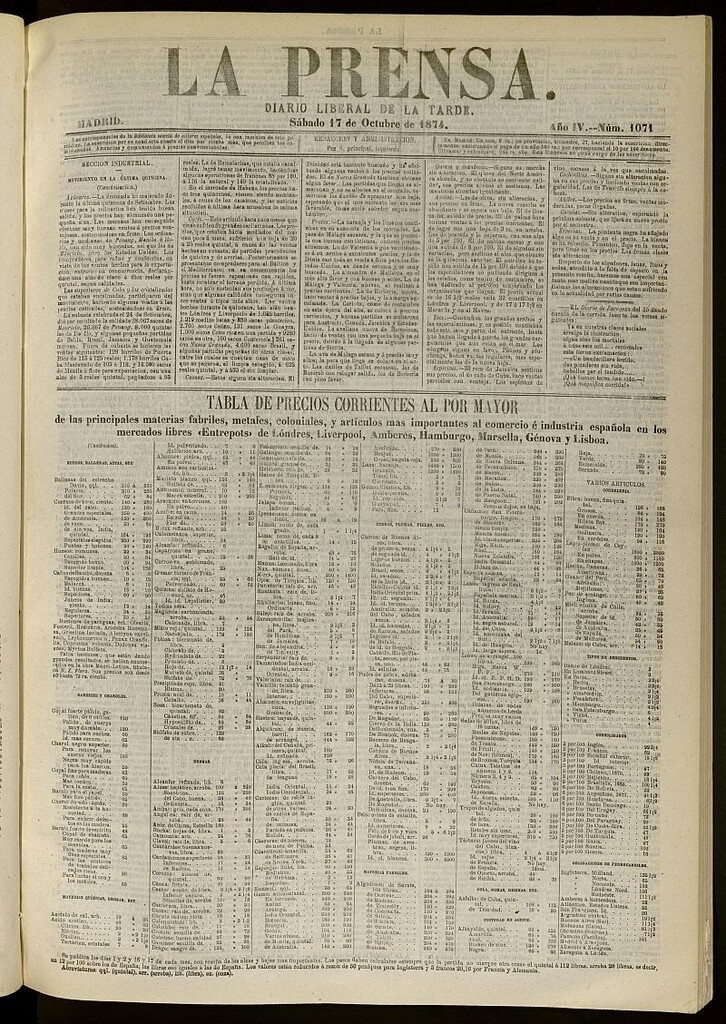 Miniatura de La Prensa : diario de la mañana : político, literario y de noticias del 17 de octubre de 1874, nº 1071