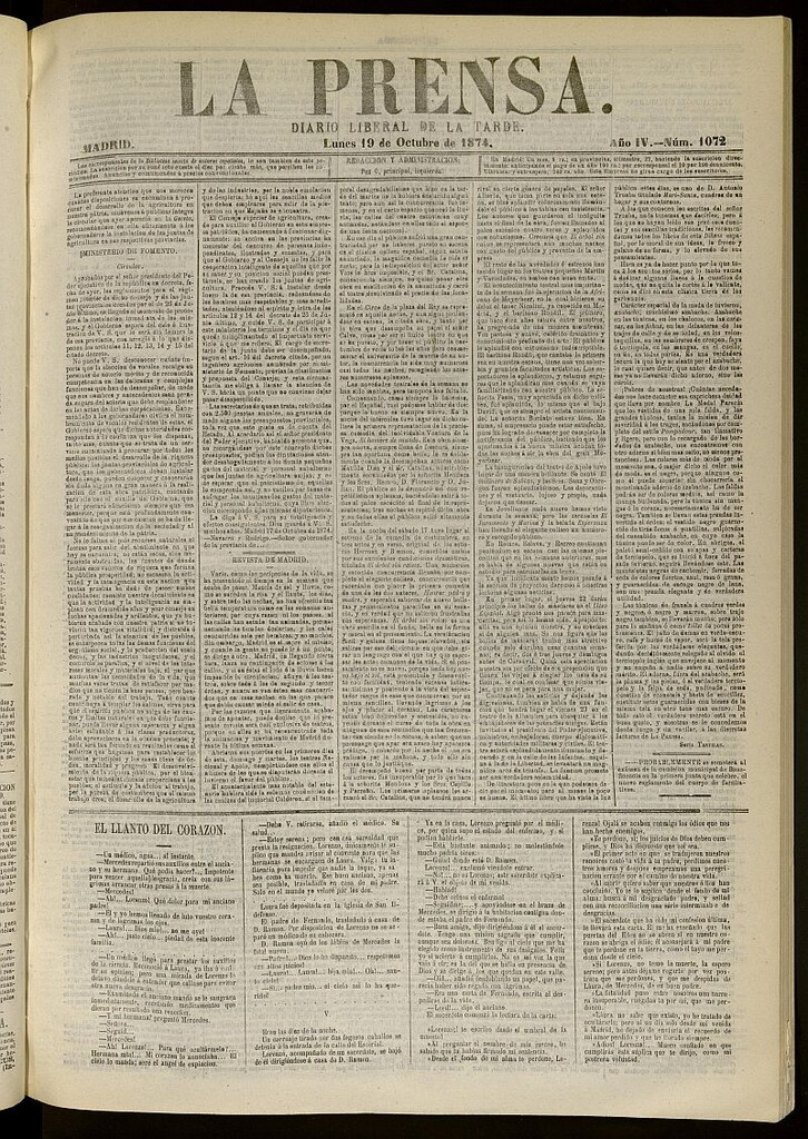 Miniatura de La Prensa : diario de la mañana : político, literario y de noticias del 19 de octubre de 1874, nº 1072