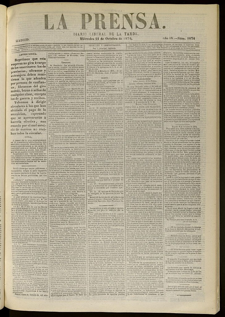 Miniatura de La Prensa : diario de la mañana : político, literario y de noticias del 21 de octubre de 1874, nº 1074