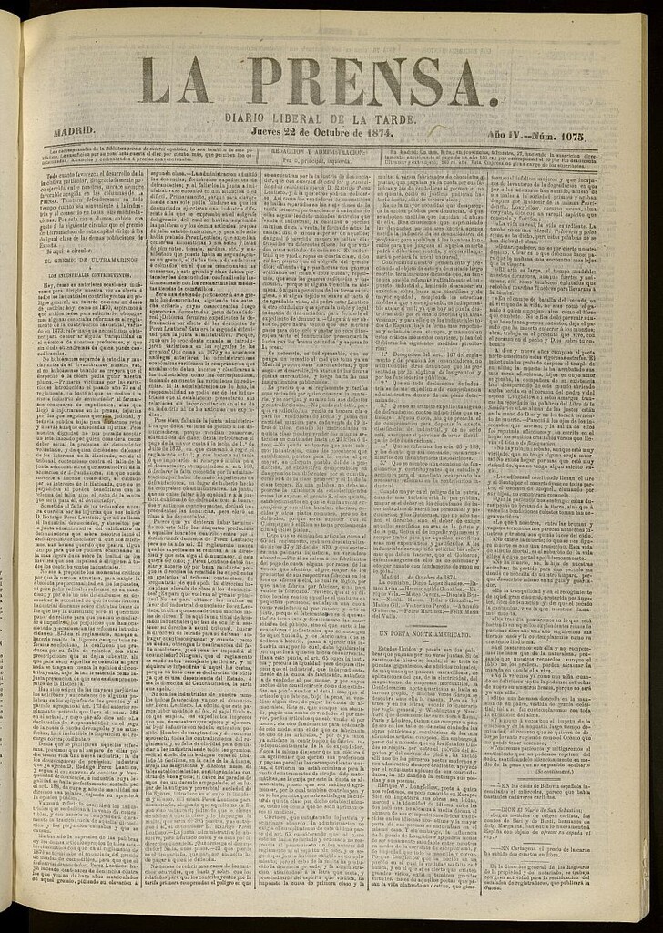 Miniatura de La Prensa : diario de la mañana : político, literario y de noticias del 22 de octubre de 1874, nº 1075