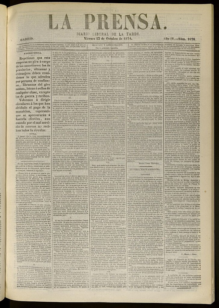 Miniatura de La Prensa : diario de la mañana : político, literario y de noticias del 23 de octubre de 1874, nº 1076