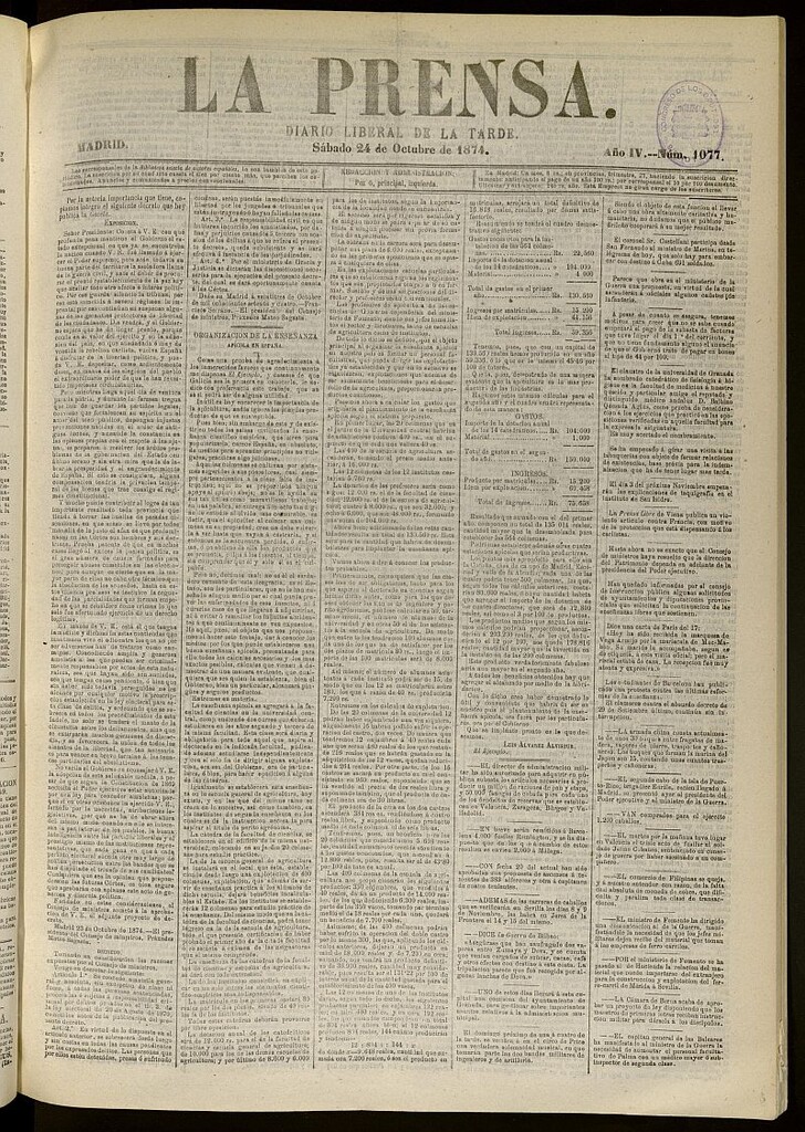Miniatura de La Prensa : diario de la mañana : político, literario y de noticias del 24 de octubre de 1874, nº 1077