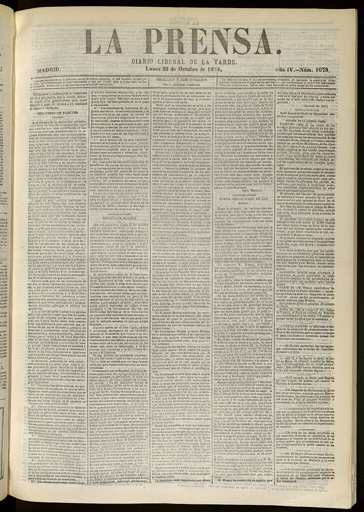 Miniatura de La Prensa : diario de la mañana : político, literario y de noticias del 26 de octubre de 1874, nº 1078