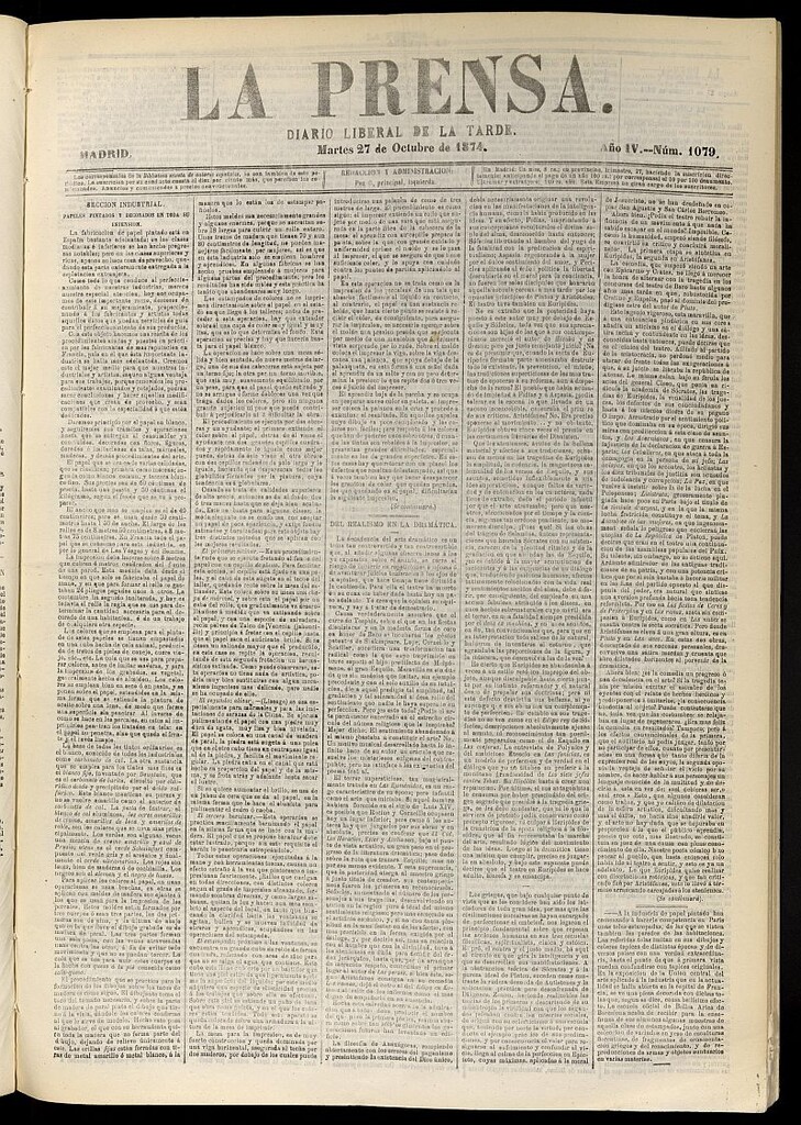 Miniatura de La Prensa : diario de la mañana : político, literario y de noticias del 27 de octubre de 1874, nº 1079