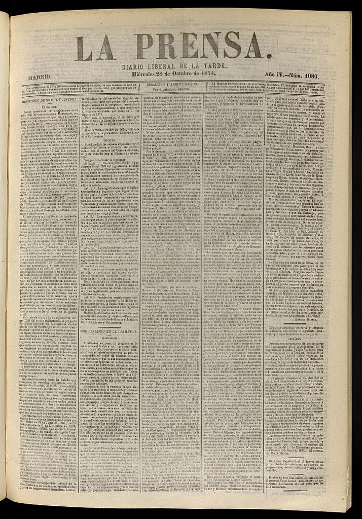 Miniatura de La Prensa : diario de la mañana : político, literario y de noticias del 28 de octubre de 1874, nº 1080