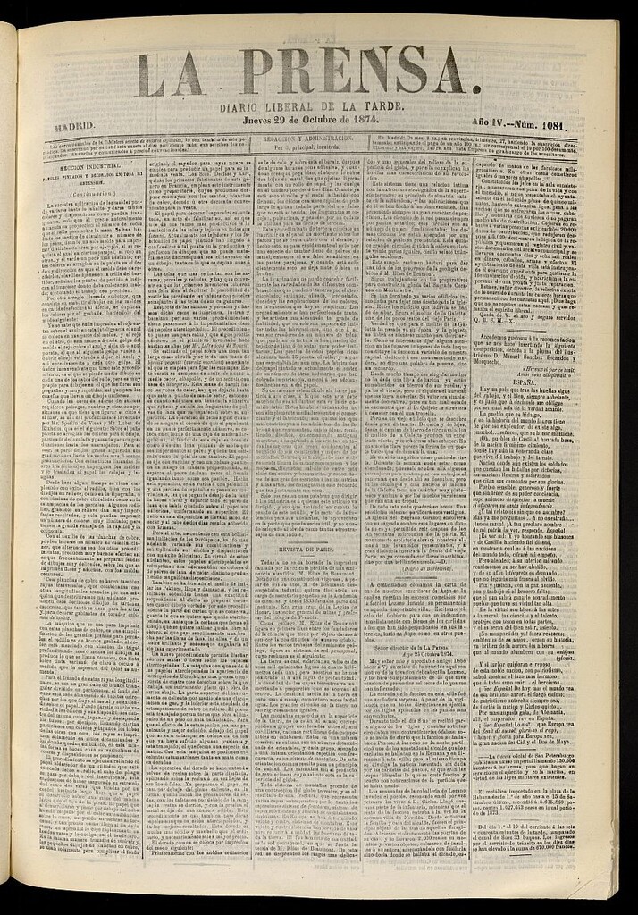Miniatura de La Prensa : diario de la mañana : político, literario y de noticias del 29 de octubre de 1874, nº 1081
