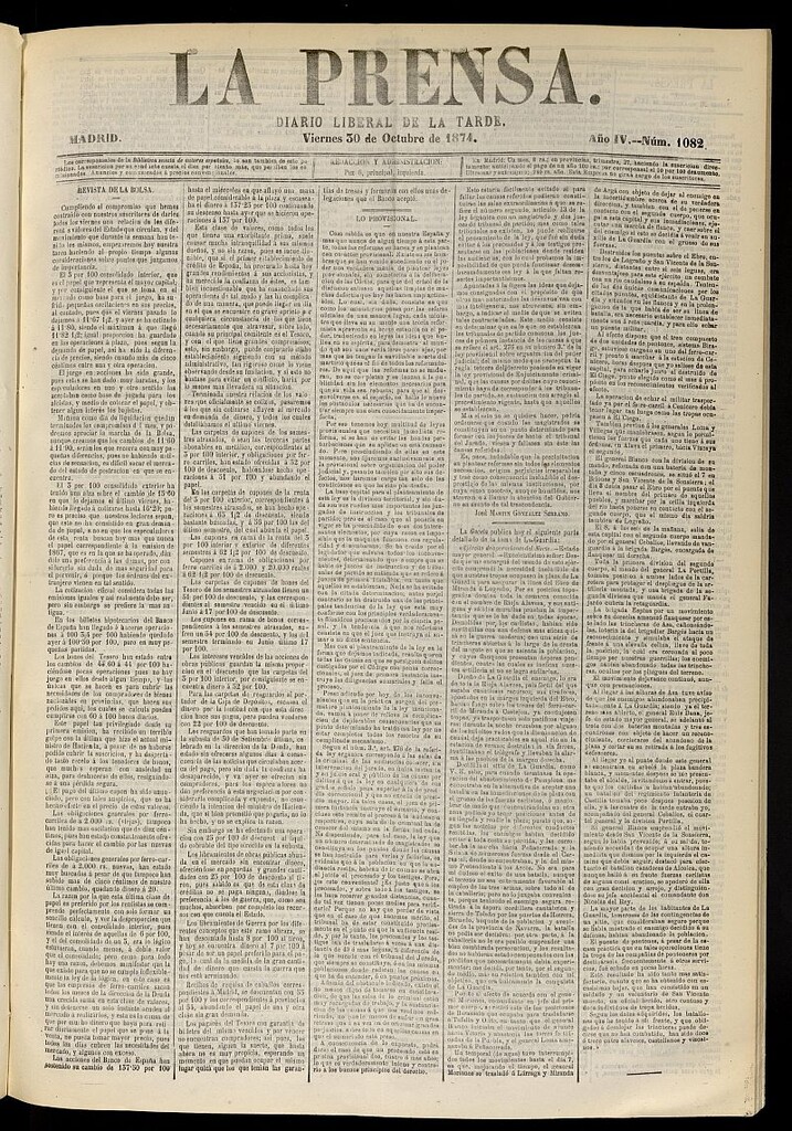 Miniatura de La Prensa : diario de la mañana : político, literario y de noticias del 30 de octubre de 1874, nº 1082