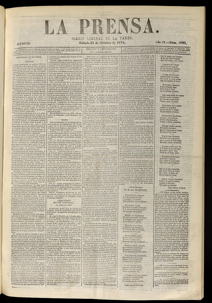 Miniatura de La Prensa : diario de la mañana : político, literario y de noticias del 31 de octubre de 1874, nº 1083