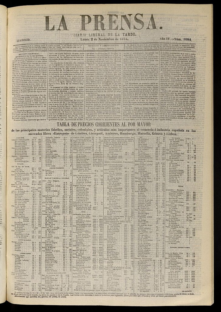 Miniatura de La Prensa : diario de la mañana : político, literario y de noticias del 2 de noviembre de 1874, nº 1084