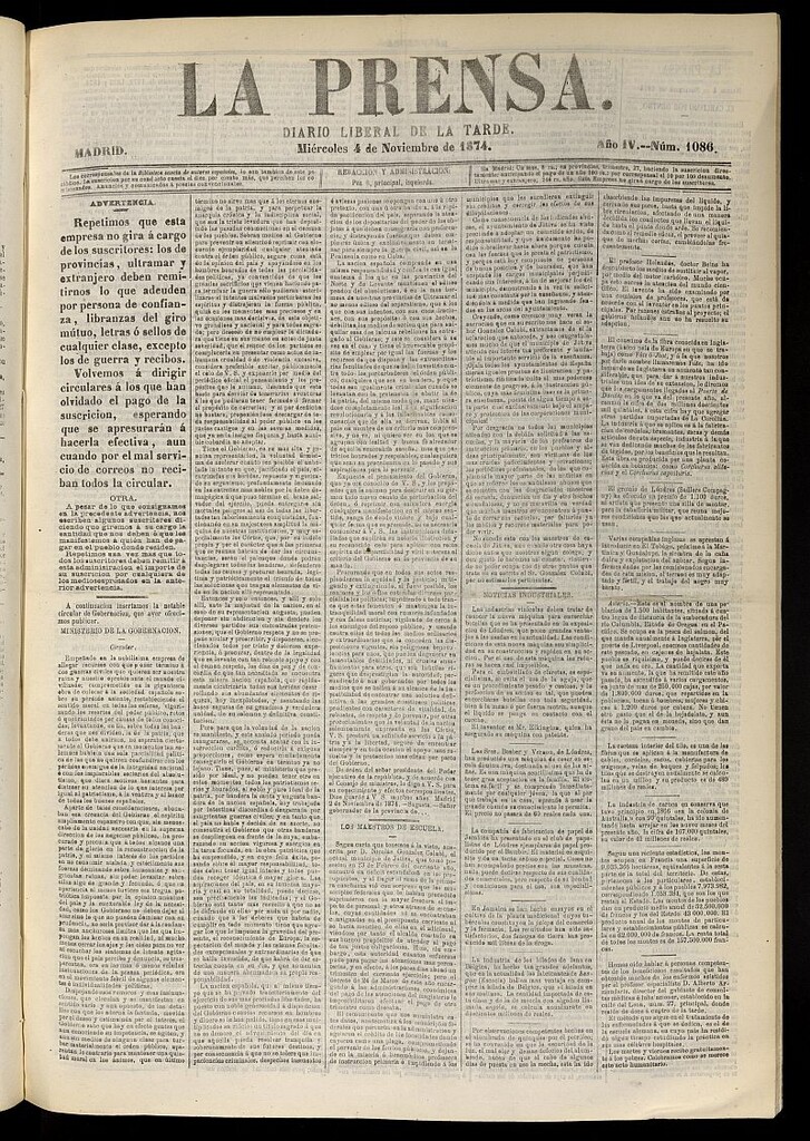 Miniatura de La Prensa : diario de la mañana : político, literario y de noticias del 4 de noviembre de 1874, nº 1086