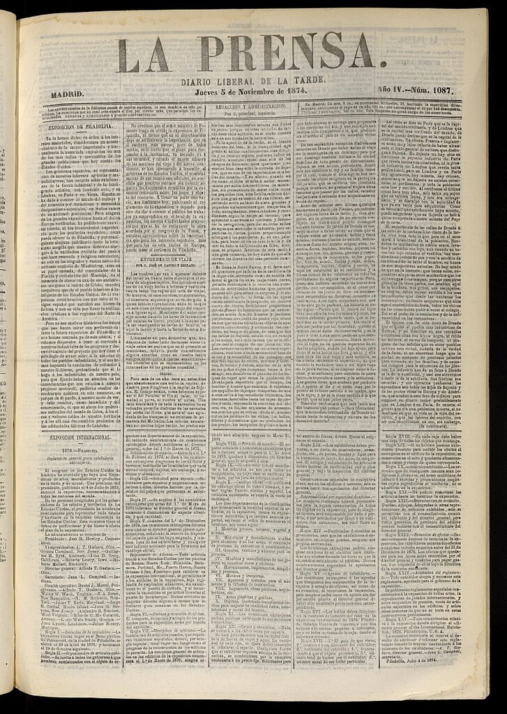 Miniatura de La Prensa : diario de la mañana : político, literario y de noticias del 5 de noviembre de 1874, nº 1087