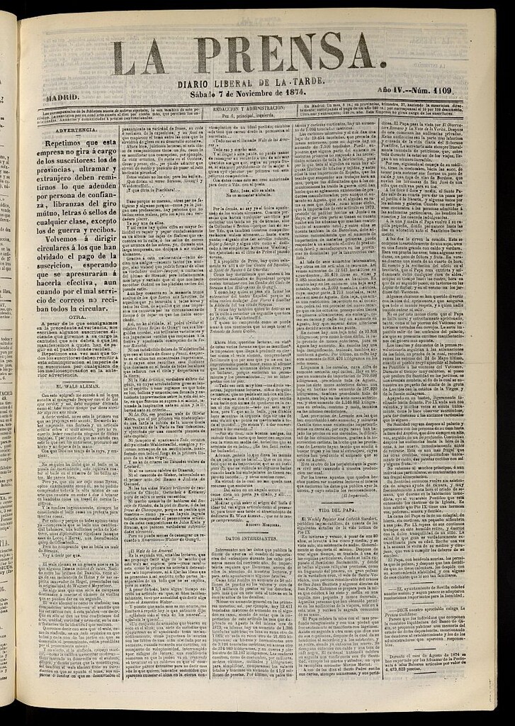Miniatura de La Prensa : diario de la mañana : político, literario y de noticias del 7 de noviembre de 1874, nº 1109
