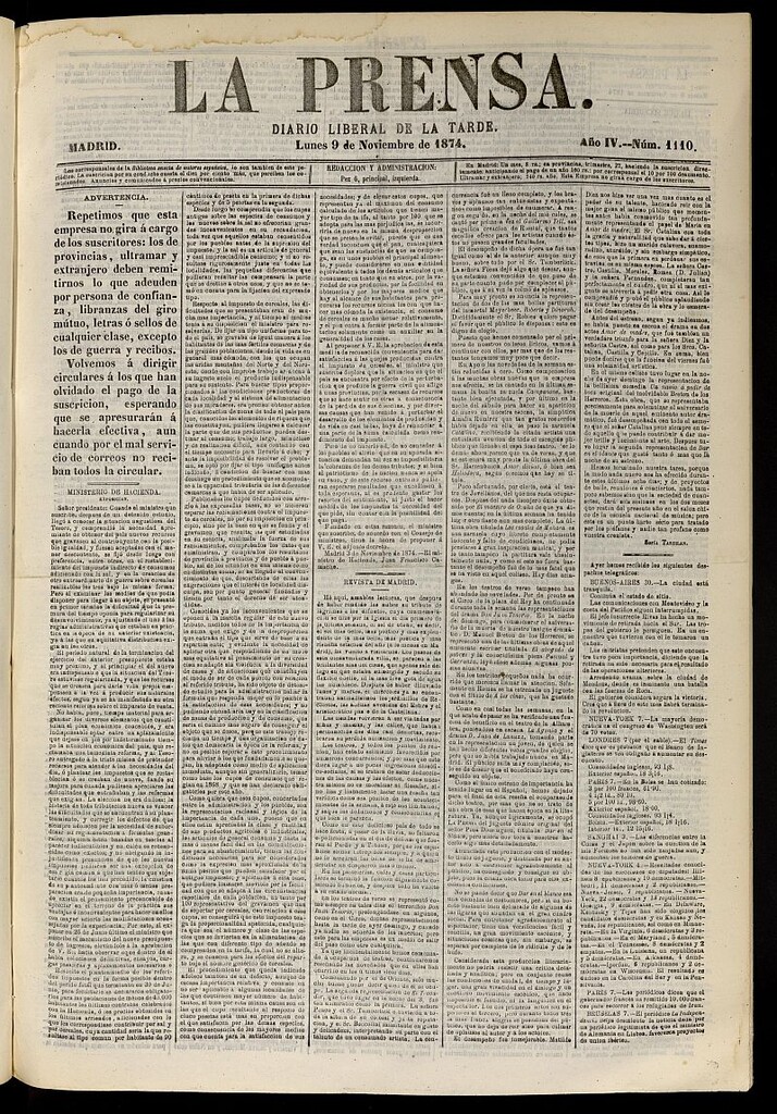 Miniatura de La Prensa : diario de la mañana : político, literario y de noticias del 9 de noviembre de 1874, nº 1110