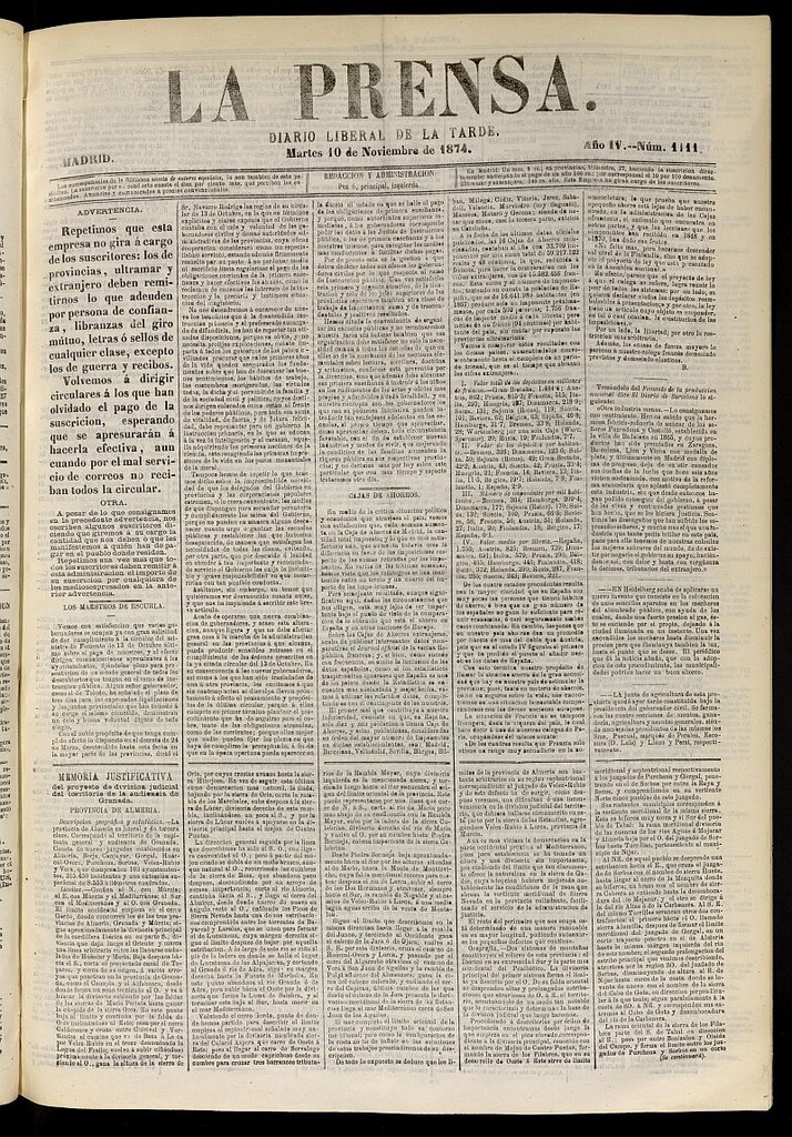 Miniatura de La Prensa : diario de la mañana : político, literario y de noticias del 10 de noviembre de 1874, nº 1111