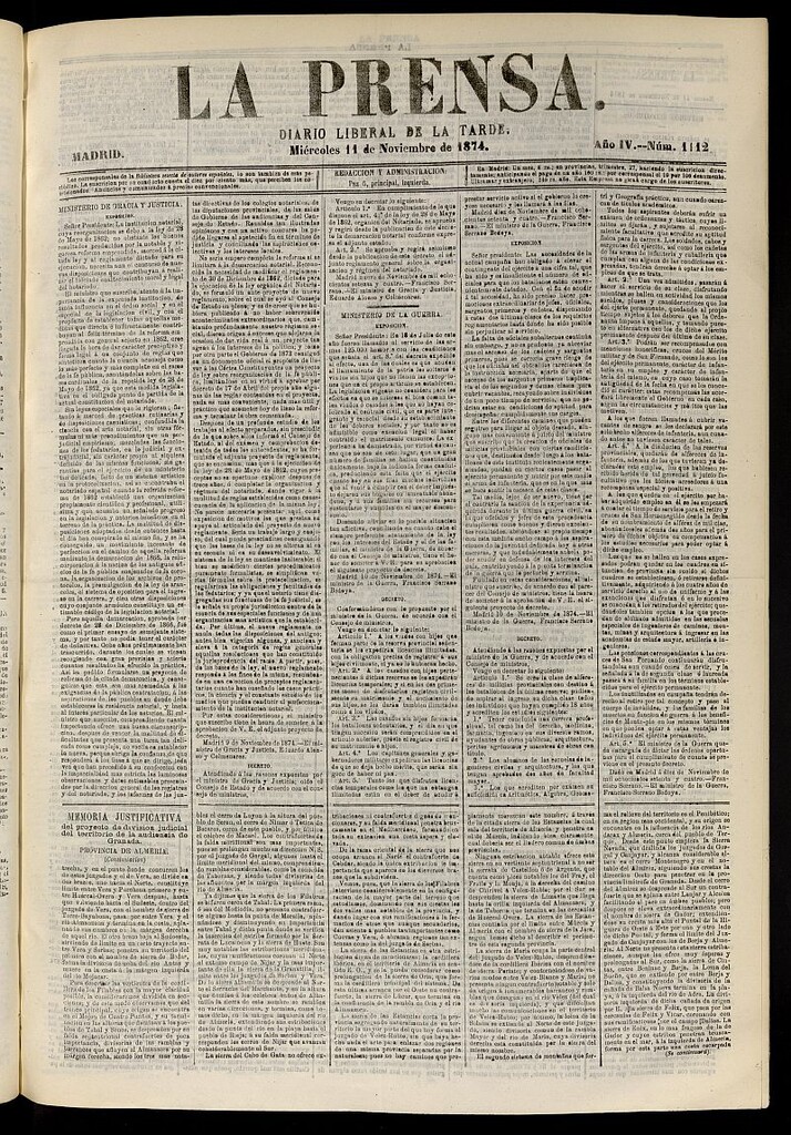 Miniatura de La Prensa : diario de la mañana : político, literario y de noticias del 11 de noviembre de 1874, nº 1112