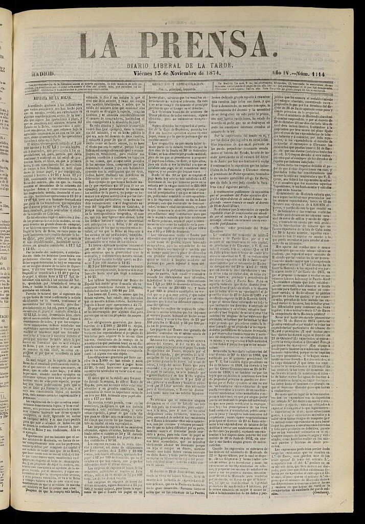 Miniatura de La Prensa : diario de la mañana : político, literario y de noticias del 13 de noviembre de 1874, nº 1114