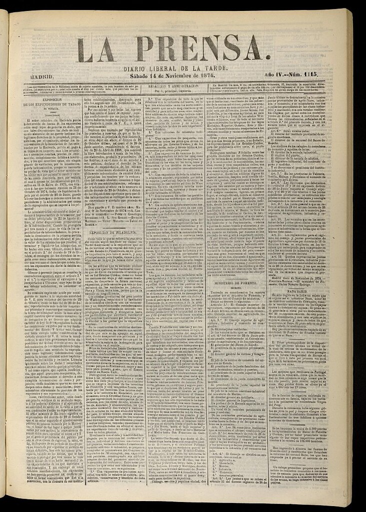 Miniatura de La Prensa : diario de la mañana : político, literario y de noticias del 14 de noviembre de 1874, nº 1115