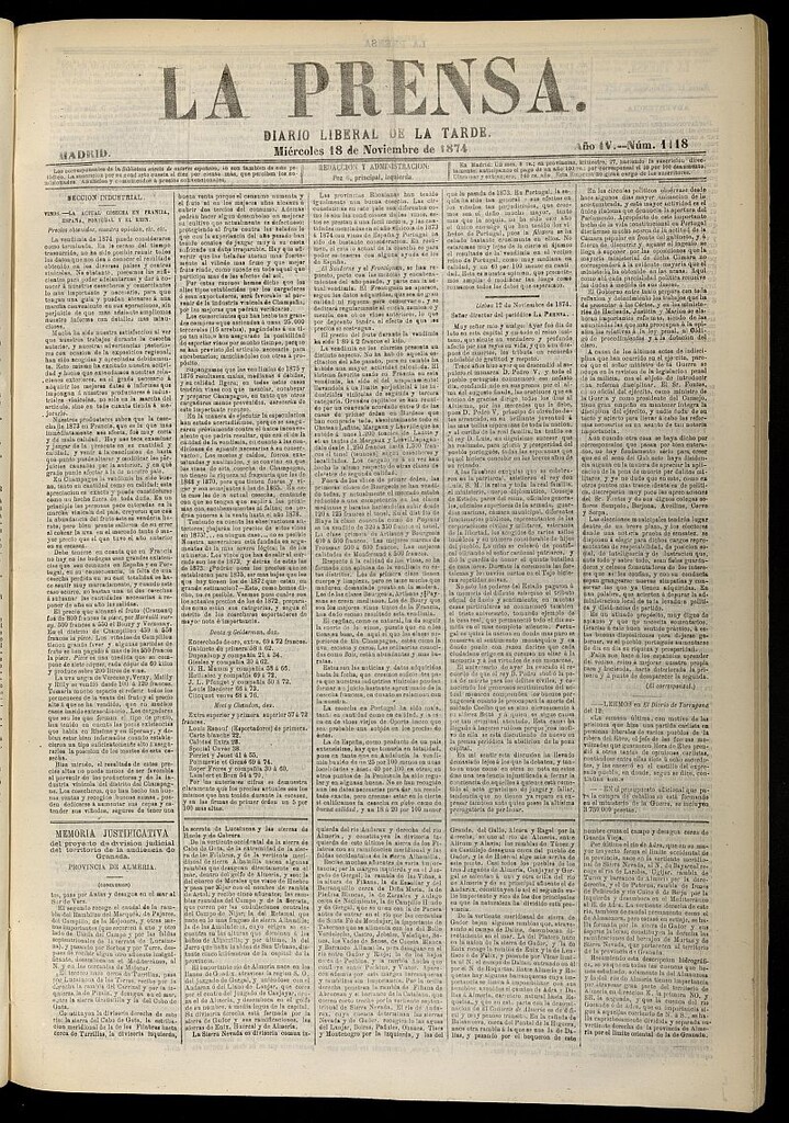 Miniatura de La Prensa : diario de la mañana : político, literario y de noticias del 18 de noviembre de 1874, nº 1118