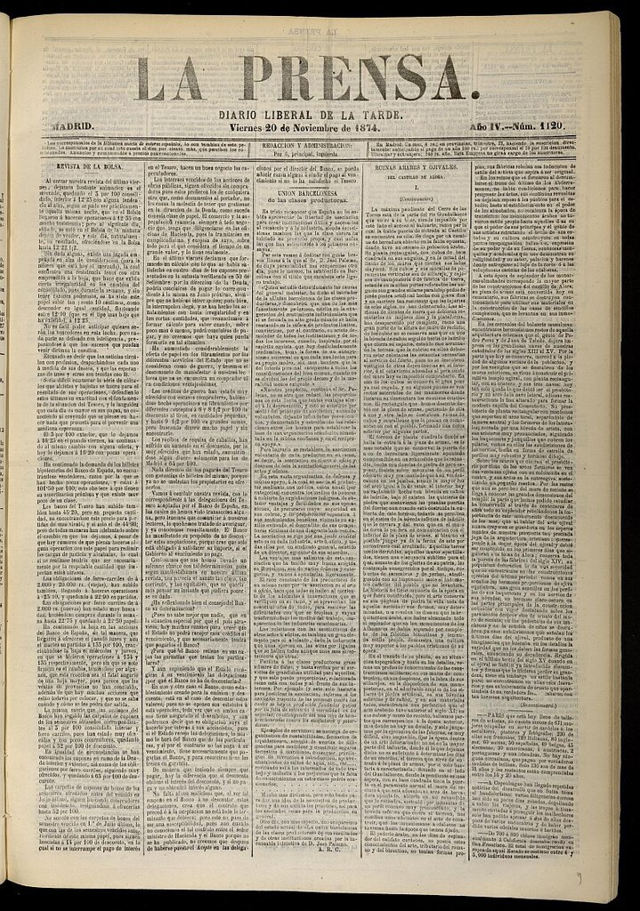 Miniatura de La Prensa : diario de la mañana : político, literario y de noticias del 20 de noviembre de 1874, nº 1120