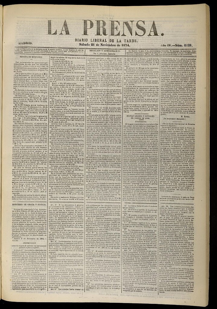Miniatura de La Prensa : diario de la mañana : político, literario y de noticias del 21 de noviembre de 1874, nº 1121