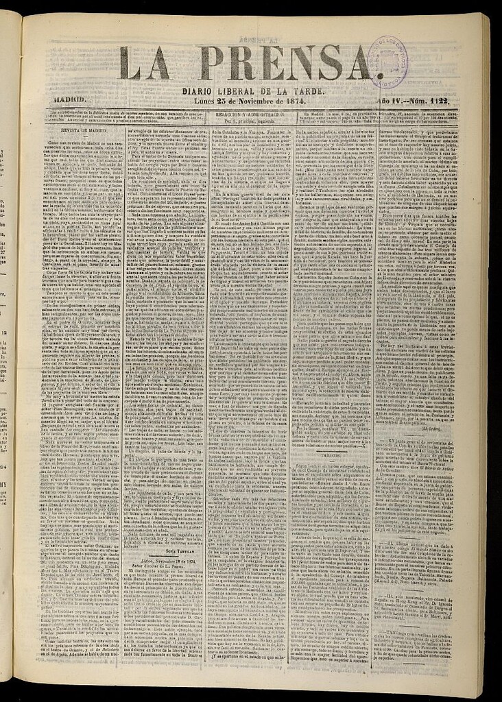 Miniatura de La Prensa : diario de la mañana : político, literario y de noticias del 23 de noviembre de 1874, nº 1122