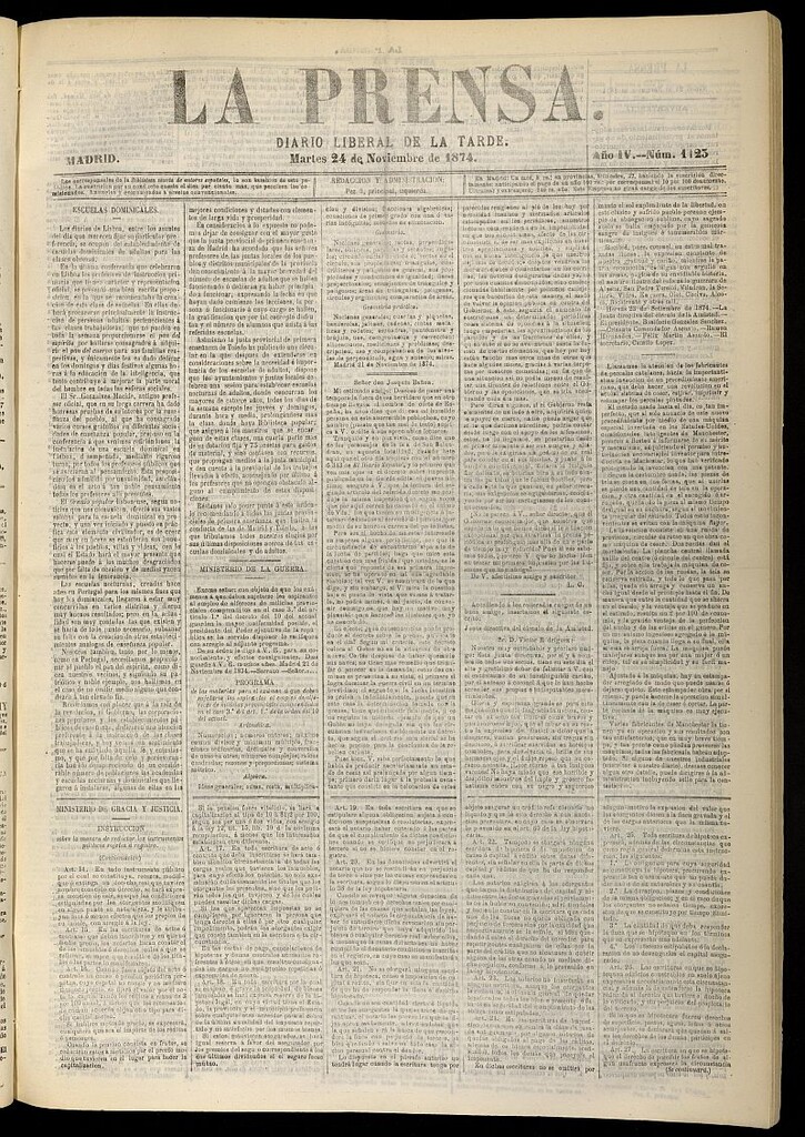 Miniatura de La Prensa : diario de la mañana : político, literario y de noticias del 24 de noviembre de 1874, nº 1123