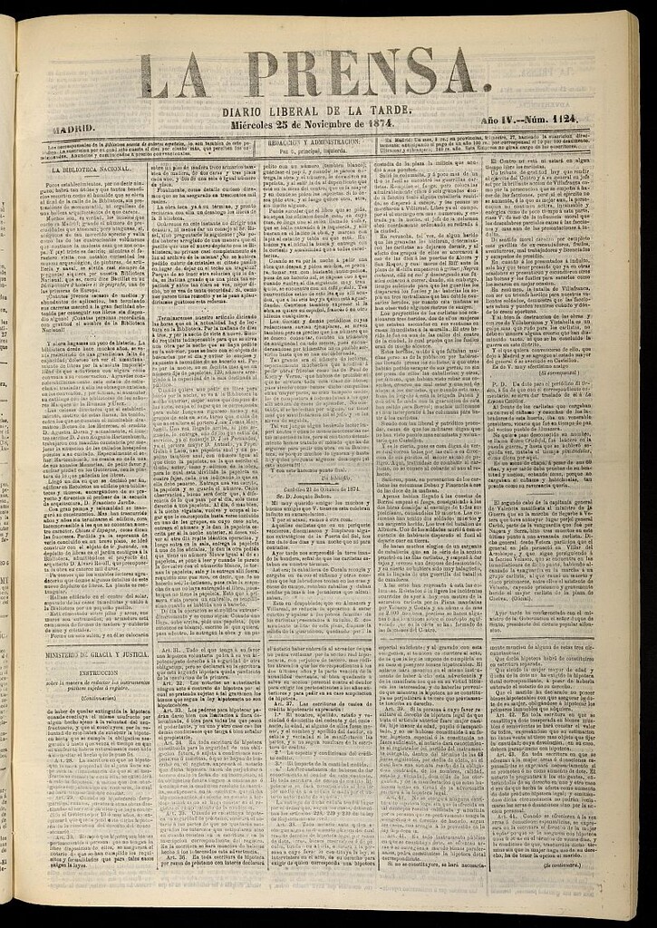 Miniatura de La Prensa : diario de la mañana : político, literario y de noticias del 25 de noviembre de 1874, nº 1124