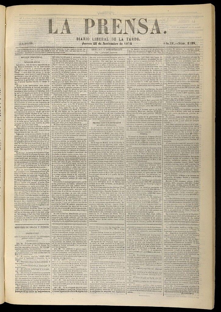 Miniatura de La Prensa : diario de la mañana : político, literario y de noticias del 26 de noviembre de 1874, nº 1125
