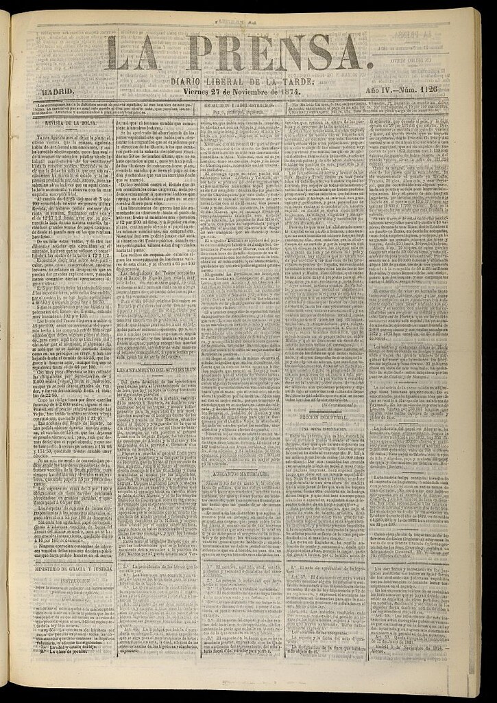 Miniatura de La Prensa : diario de la mañana : político, literario y de noticias del 27 de noviembre de 1874, nº 1126