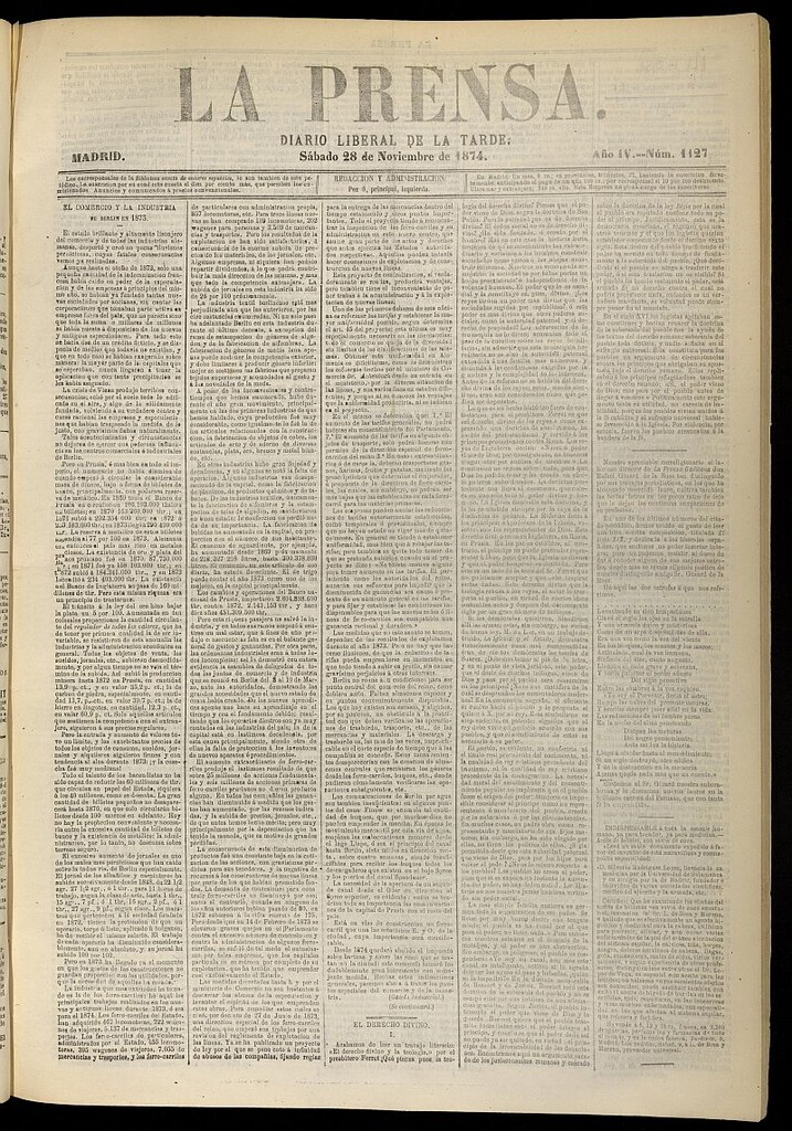 Miniatura de La Prensa : diario de la mañana : político, literario y de noticias del 28 de noviembre de 1874, nº 1127