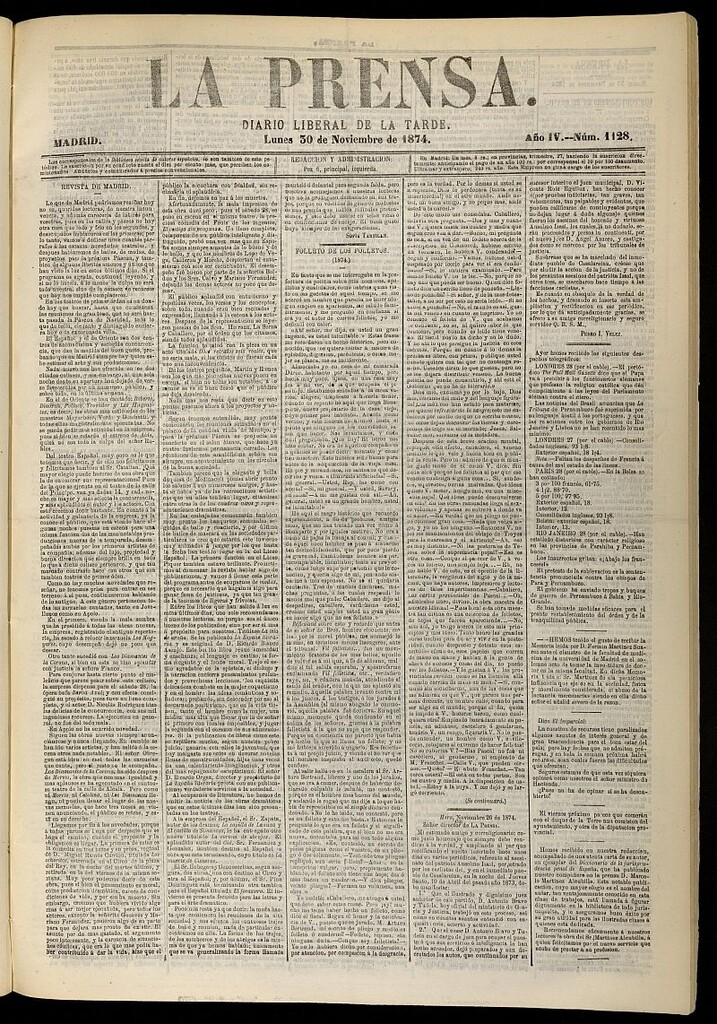 Miniatura de La Prensa : diario de la mañana : político, literario y de noticias del 30 de noviembre de 1874, nº 1128