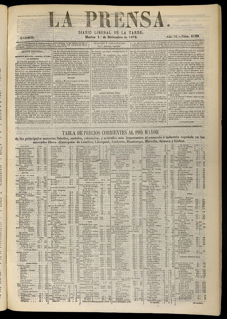 Miniatura de La Prensa : diario de la mañana : político, literario y de noticias del 1 de diciembre de 1874, nº 1129