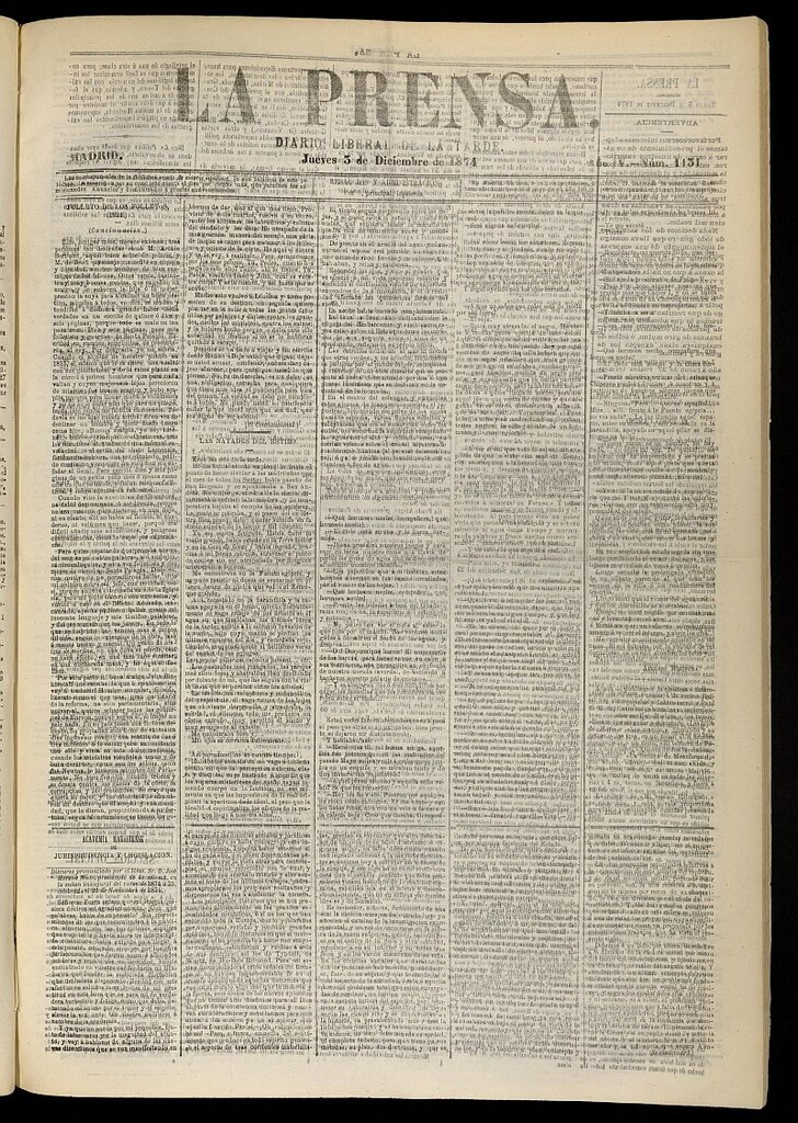 Miniatura de La Prensa : diario de la mañana : político, literario y de noticias del 3 de diciembre de 1874, nº 1131