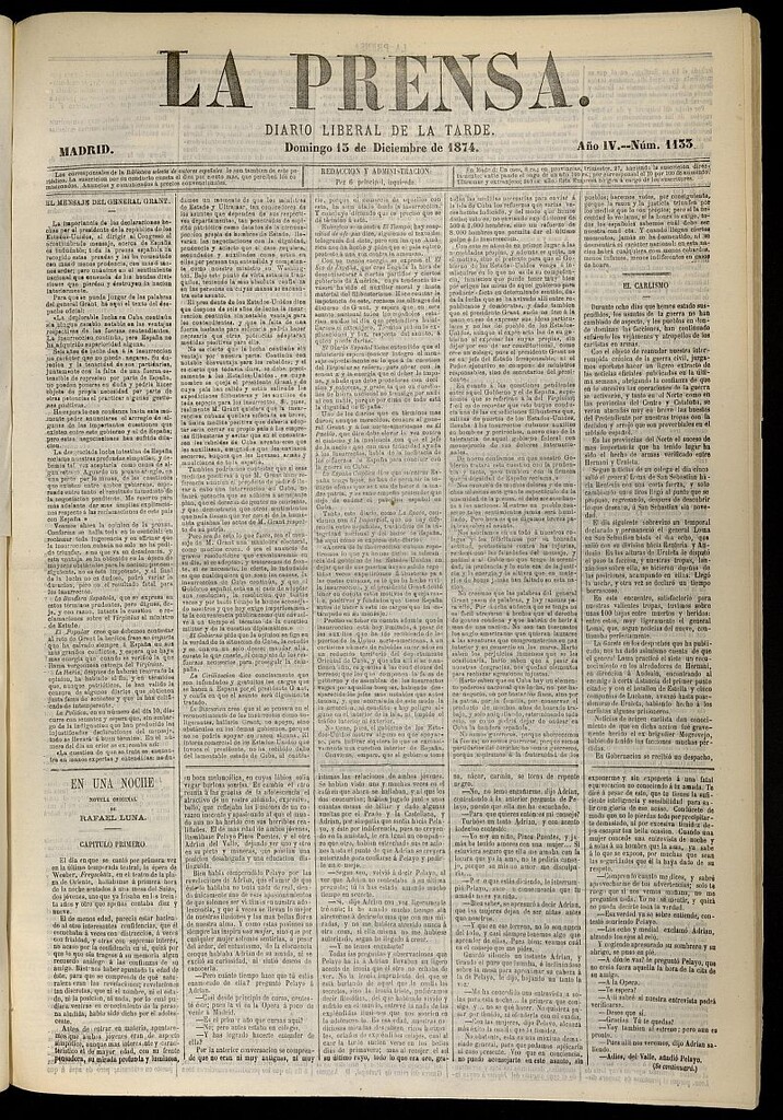 Miniatura de La Prensa : diario de la mañana : político, literario y de noticias del 13 de diciembre de 1874, nº 1133