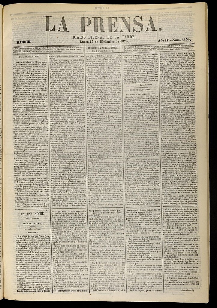 Miniatura de La Prensa : diario de la mañana : político, literario y de noticias del 14 de diciembre de 1874, nº 1134