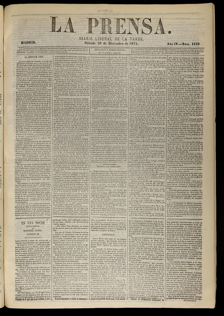 Miniatura de La Prensa : diario de la mañana : político, literario y de noticias del 19 de diciembre de 1874, nº 1139