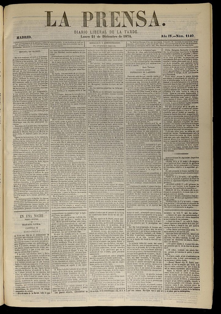 Miniatura de La Prensa : diario de la mañana : político, literario y de noticias del 21 de diciembre de 1874, nº 1140