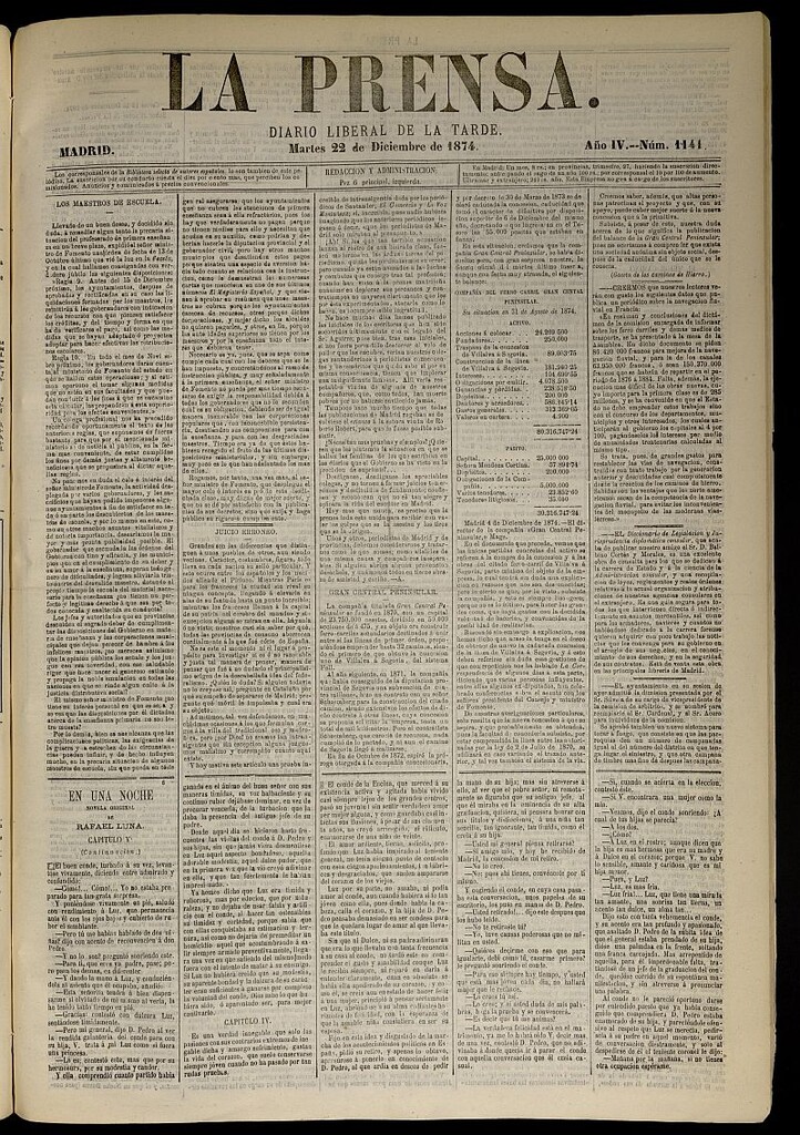 Miniatura de La Prensa : diario de la mañana : político, literario y de noticias del 22 de diciembre de 1874, nº 1141