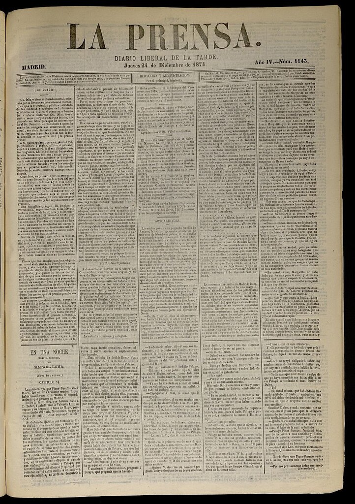Miniatura de La Prensa : diario de la mañana : político, literario y de noticias del 24 de diciembre de 1874, nº 1143