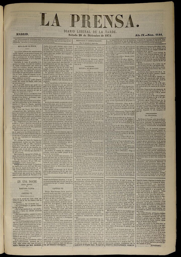 Miniatura de La Prensa : diario de la mañana : político, literario y de noticias del 26 de diciembre de 1874, nº 1144