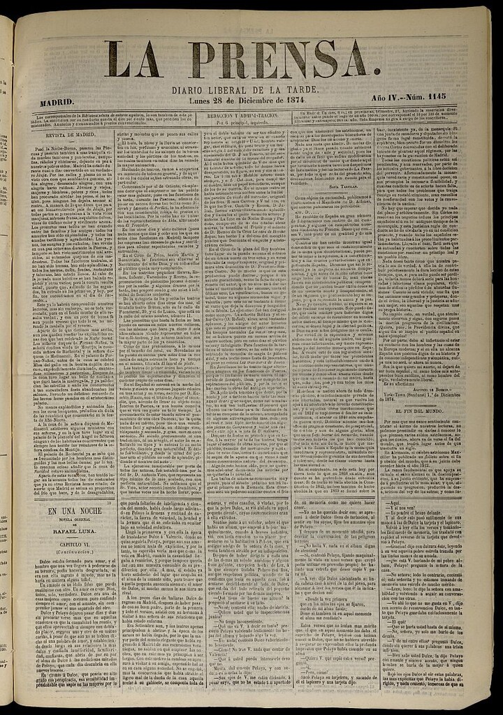 Miniatura de La Prensa : diario de la mañana : político, literario y de noticias del 28 de diciembre de 1874, nº 1145