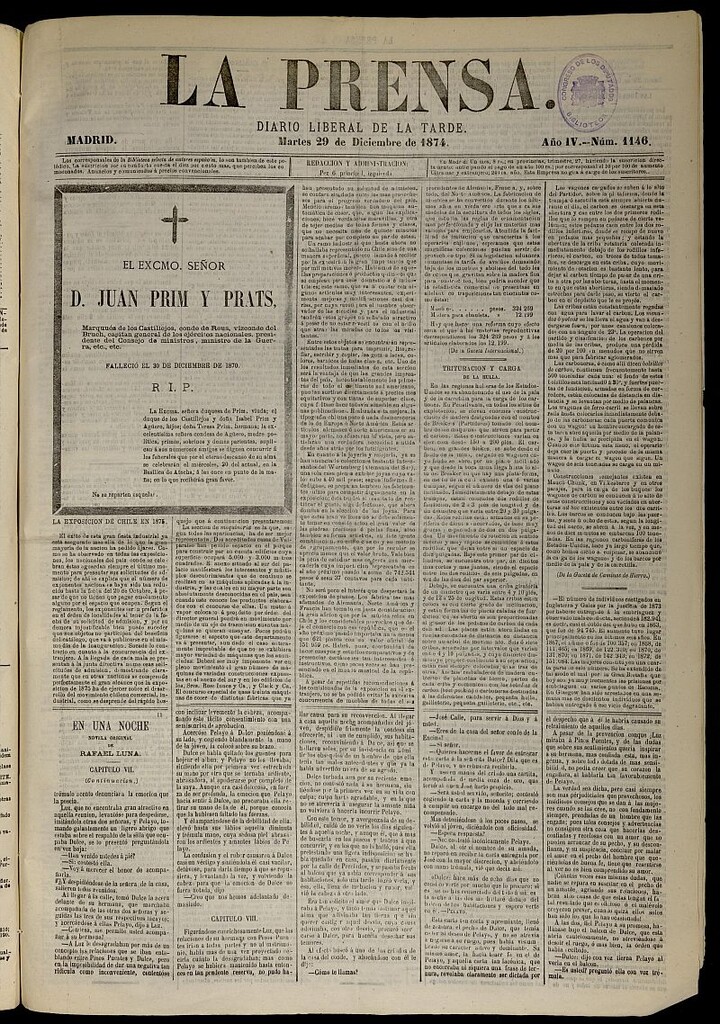 Miniatura de La Prensa : diario de la mañana : político, literario y de noticias del 29 de diciembre de 1874, nº 1146