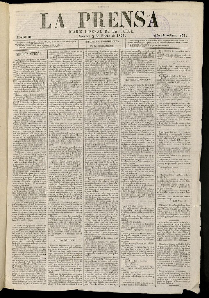 Miniatura de La Prensa : diario de la mañana : político, literario y de noticias del 2 de enero de 1874, nº 831